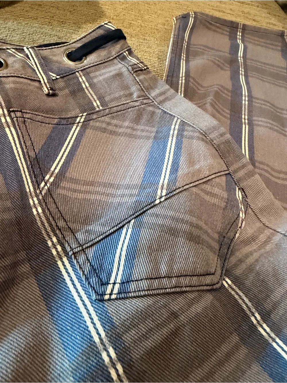 Plaid Wide-Leg Women's Jeans Deep Pockets Slate Blue with Navy Rope Waist Tie 12